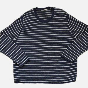 VINCE Mens Blue and White Striped Linen Crewneck Sweater Medium
